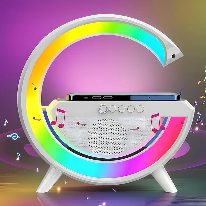 Table Lamp with Bluetooth Speaker, G Bedside Lamp with 15W Wireless Charger, Atmosphere Desk Lamp with Alarm Clock, RGB Bedside Nightstand Lamp, Hi-Fi Sound, Time Display