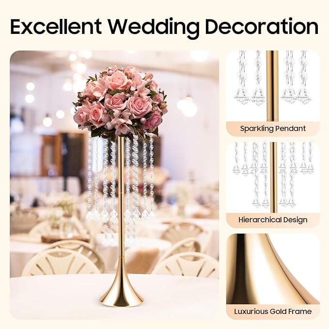 Wedding Centerpieces Gold Vases,10PCS Metal Flower Candle Holder with Sparkling Crystal Beads,Crystal Flower Vase Metal Flowers Stand for Party Tables Decorations (Gold 10PCS Height 21.9in)