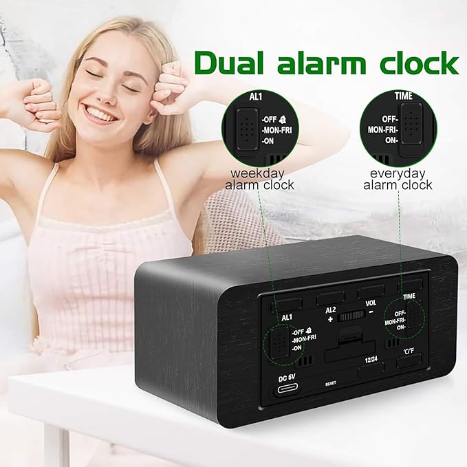 MOSITO Digital Wooden Alarm Clock with Wireless Charging, 0-100% Dimmer, Dual Alarm, Weekday/Weekend Mode, Snooze, Wood LED Clocks for Bedroom, Bedside, Desk, Kids (Black)