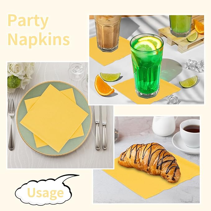 100 Pack Cocktail Napkins, 2-Ply 5x5 Inch Beverage Napkins, Square Edged Disposable Paper Napkins for Wedding, Birthday Party, Dinner, Coffee Bar (Yellow)