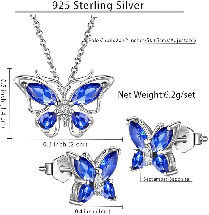 925 Sterling Silver Birthstone Butterfly Jewelry Women Crystal Animal Cute Butterflies Birthday Necklace/Earring/Ring/Bracelet Sets Birth Stone Statement Anniversary Jewellery