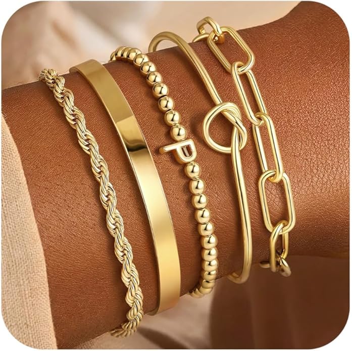 Turandoss Valentines Gifts for Her Girls, Dainty 5PCS 14K Gold Plated Initial A-Z Beaded Stretch Bracelet Chunky Gold Cuff Knot Twisted Rope Paperclip Bracelet Set Stack Jewelry Gifts for Women Girls