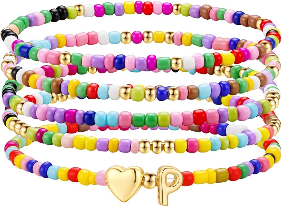 M MOOHAM Valentines Gifts for Kids - 5PCS Colorful Beaded Initial Bracelets for Girls Women Cute Stretch Heart Letter Bracelet Initial Stackable Bracelet Birthday Gift Jewelry for Kids Teen Girl