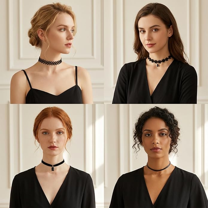 cobee 10 Pcs Gothic Choker Necklace For Women, Black Lace Chokers Adjustable Collar, Charm Stretch Necklaces Clothes Accessories