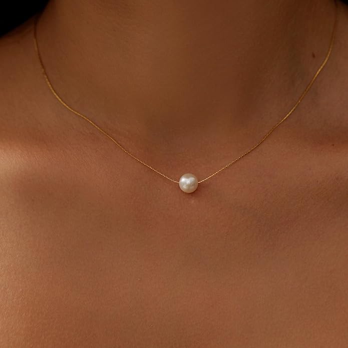 Pearl Necklaces for Women Trendy, 14k Gold Plated Dainty Necklace Simple Pearl Drop Single Charm Pendant Necklace Birthday Wedding Gifts Gold Jewelry for Women