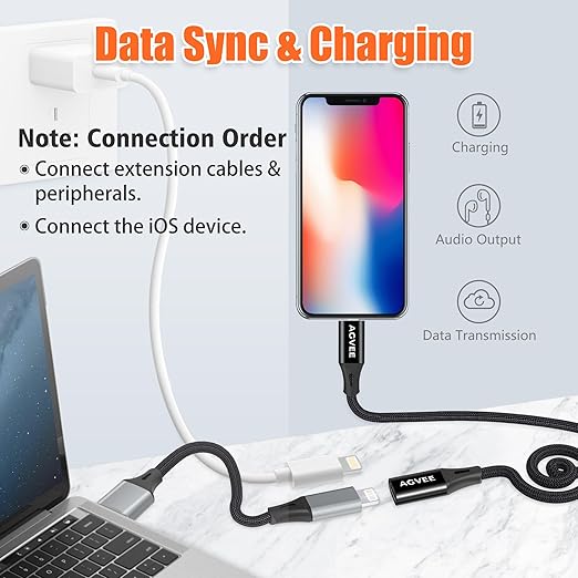 AGVEE [6.6ft Lightning Extension Cable Braided Female to Male Extender Cord for iPhone iPad Charger, Data Sync Video Audio & Charging Connector Adapter, Black