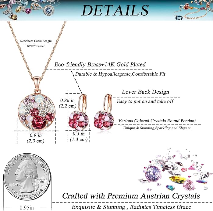 EVEVIC Austrian Crystals Round Disc Pendant Necklace Earrings for Women 14K Gold Plated Hypoallergenic Jewelry Sets