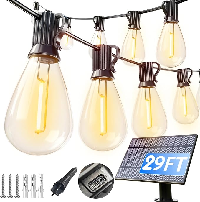 luckystyle 29FT Solar String Lights Outdoor Waterproof with 10+1 LED Bulbs Long Last for 20+Hrs, Commercial Grade Shatterproof USB Patio Solar Powered Lights for Camping，Backyard, Garden, Porch Decor