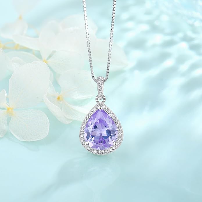 FJ Teardrop Pendant Necklace 925 Sterling Silver Birthstone Jewelry Gifts for Women