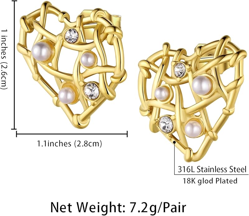 Vintage Gold Statement Stud Earrings, Stainless Steel Chunky Drop Dangle Thick Earrings, Geometric Design with Pearl Accents, Textured Sun Round Heart Pattern for Women