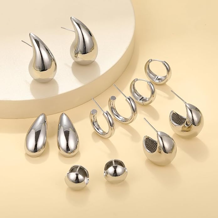 12 Pairs Chunky Gold Hoop Earrings for Women Trendy, Gold Plated Lightweight Hypoallergenic Stack, Thick Open Twisted Huggie Hoops Earring Set