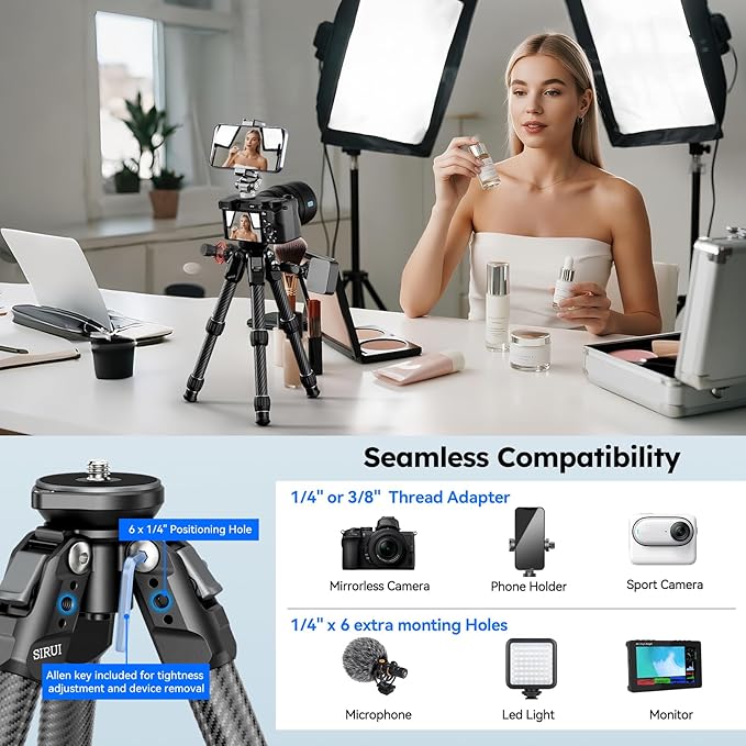 SIRUI Carbon Fiber Mini Tripod with Bowl Base, 33lbs Max Load, Ultra-Lightweight 1.63lbs, 8.82in Folded, 360° Panorama & ±15° Tilt for Camera/Phone/Vlogging（AM-223LS）