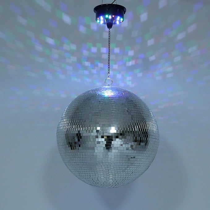 16" Disco Ball with Motor Hanging Disco Ball with Light 18 LEDs 5-6 RPM Spinning Disco Balls Light for Party DJ Bands Dance Club Bar