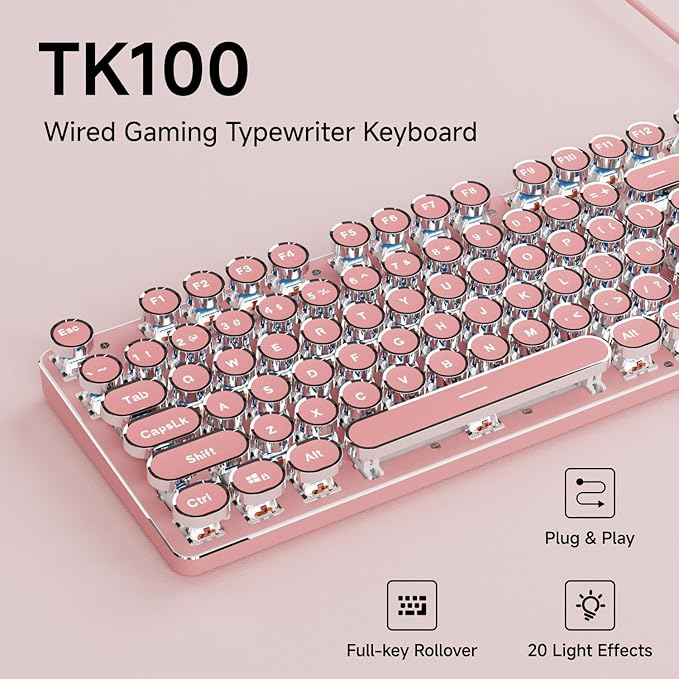 EWEADN TK100 Typewriter Keyboard Wired Mechanical Keyboard, 104 Keys Aesthetic Typewriter Keyboards with White Backlit, Anti-Ghosting, Blue Switch Wired Cute Keyboards-Pink