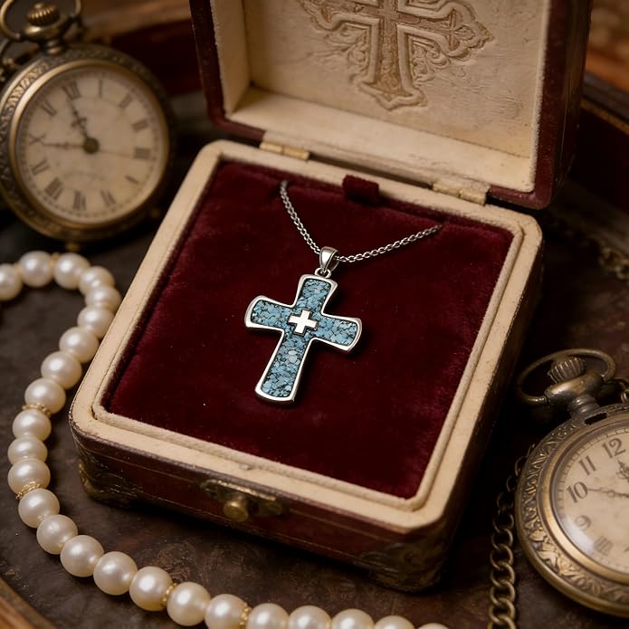 RMREWY Genuine Turquoise Cross Necklace, Sterling Silver Native American Boho Western Vintage Pendant Religion Jewelry Birthdays Gift for Women