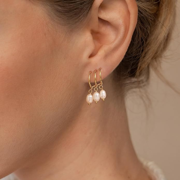 Gold Pearl Dangle Earrings for Women, 14K Gold Plated Small Pearl Drop Huggie Hoop Earrings, Hypoallergenic Dainty Gold Earrings Wedding Jewelry Gifts for Women Trendy