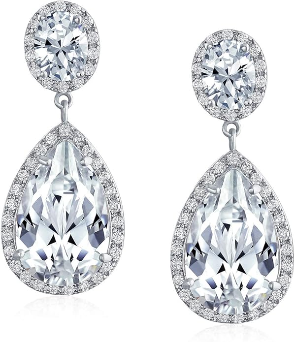 Vintage Style Bridal Cubic Zirconia Simulated Gemstone AAA CZ Halo Dangle Teardrop Chandelier Clip On Earrings For Women Silver Rose Gold Plated in Black Purple Blue Red Rose Pink Green Clear