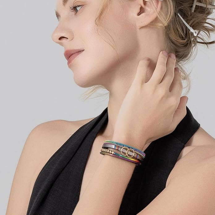 FANCY SHINY Boho Leather Wrap Bracelet Stackable Infinity Chunky Cuff Bracelets Western Hippie Outfits Jewelry Valentine Gifts for Women