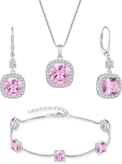 Princess Cut Jewelry Set 925 Sterling Silver Pink Tourmaline Earrings Dangle Drop Leverback October Birthstone Necklace and Bracelet Jewelry Gifts for Women