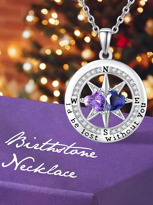 Compass Necklace for Women, Exquisite S925 Valentines Day Anniversary Birthday Gifts for Wife Her Double Birthstone Pendant Jewelry ‘I'd be Lost Without You’