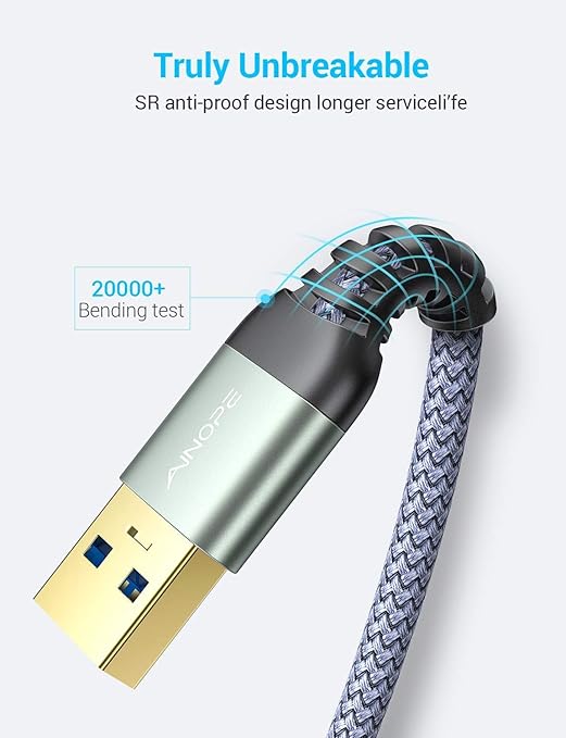 AINOPE 2 Pack USB Extensions Cable High Speed USB 3.0 Extension Cord Type A Male to Female Sturdy Braided Material Fast Data Transfer Compatible with USB Keyboard,Mouse,Flash Drive,Grey,10FT+10FT