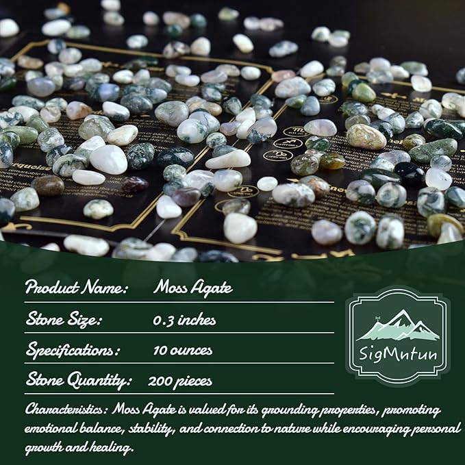 Polished Moss Agate Crystal Chips 200 Pcs - 0.3" 10 oz Tumbled Stone Chips Crushed Sea Glass Stones Healing Reiki Crystal Jewelry Making Home Decoration