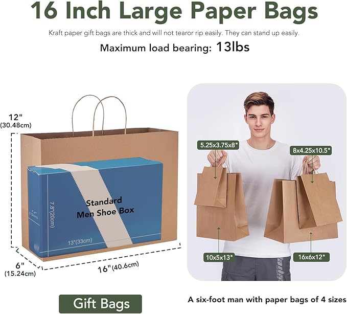GSSUSA 16x6x12 Brown Paper Bags with Handles 25 Pcs, kraft Paper Shopping Bag for Small Business, Large Paper Bags Valentine's Gift Bag with Handles for Boutique, Food Service Take Out