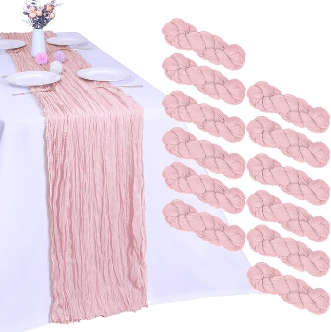 12 Pack Pink Cheesecloth Table Runner 10FT Boho Gauze Fabric Table Runner 35 x 120 Inch Rustic Sheer Runner for Centerpiece Wedding Decor Party Boho Table Decoration（Pink）