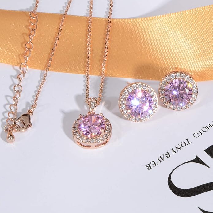 Bridal Crystal Jewelry Set - Sterling Silver Round Cubic Zirconia CZ Rhinestone Halo Birthstone Pendant Necklace Stud Earrings Set for Wedding Bride Bridesmaids Birthday Gift