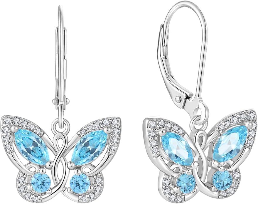 Starchenie Butterfly Earrings for Women 925 Sterling Silver Leverback Earrings Birthstone Butterfly Jewelry Gifts