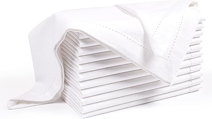 Cotton Cloth Dinner Napkins 18x18-Cotton Fabric with Hemstitched Detailing & Tailored with Mitered Corners-Ideal for Events and Regular Use-White Set of 12