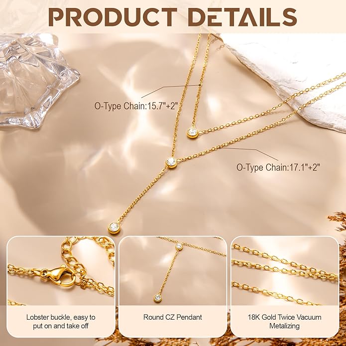 Fullpop Dainty Gold Necklaces for Women, 18k Gold Layered Lariat Necklace for Women Long Gold Choker Necklaces for Women Statement Diamond Heart Pendant Necklace Body Chain Jewelry for Women