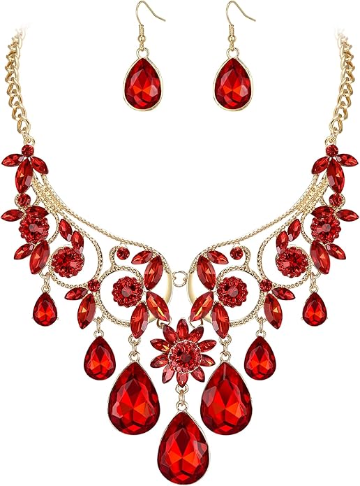 BriLove Women's Tribal Ethnic Crystal Chunky Statement Necklace Dangle Earrings Set