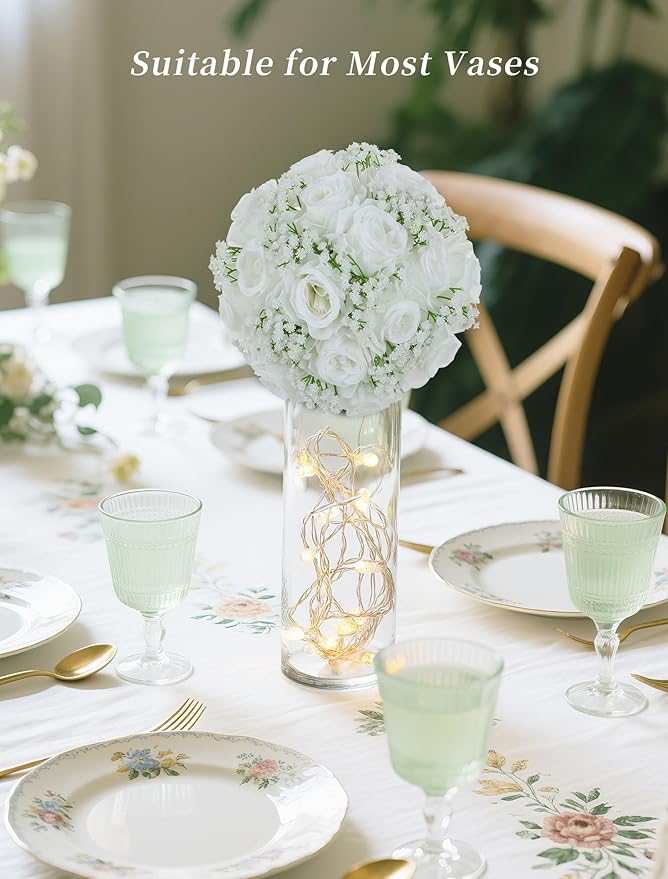 BLOSMON Babys Breath Artificial Flowers: 2 Pcs White Rose Babys Breath Fake Flower Balls Centerpieces for Wedding Table - Faux Silk Kissing Floral Arrangements for Home Party Event Decoration