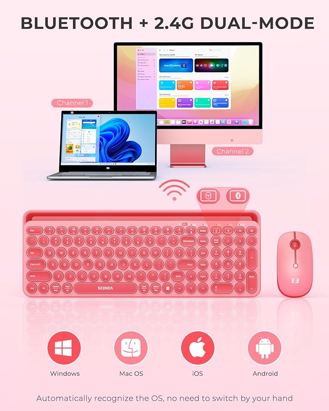 seenda Bluetooth Keyboard and Mouse for iPad, CTU-301 Multi-Device Bluetooth + 2.4G Wireless Keyboard Mouse with Tablet Holder for MacBook/Windows Computer, iOS/Andriod Tablet Phone, Coral Pink
