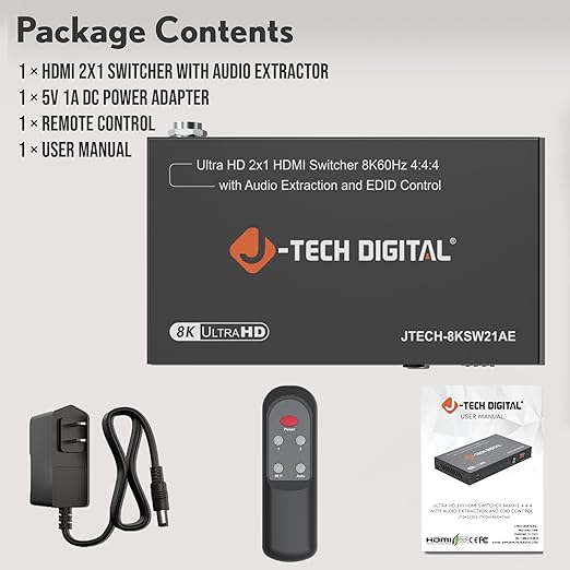 8K HDMI Switch 2 in 1 Out, 8K@60Hz 4K@120Hz 1080P@240Hz with Audio Extraction, HDMI to Optical & Analog 3.5mm, HDR HDCP2.3 EDID Control (JTECH-8KSW21AE)
