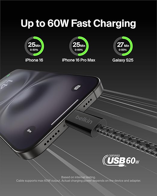 Belkin USB C to USB C Cable, 6.6ft, 60W - Type C Charger, iPhone Charger Cord, Soft, Braided, Flexible for iPhone 16, Galaxy S25, Pixel 9, Airpods, iPad Pro, Tablet & More, Travel Essentials - Black
