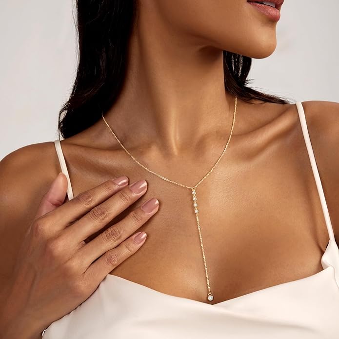 Gold Necklace for Women Trendy Lariat Y Necklace Dainty 14k Gold Plated/Silver Long Necklaces for Women Layered Beaded Drop Necklaces Simple Y-Shaped Chain Jewelry Gifts