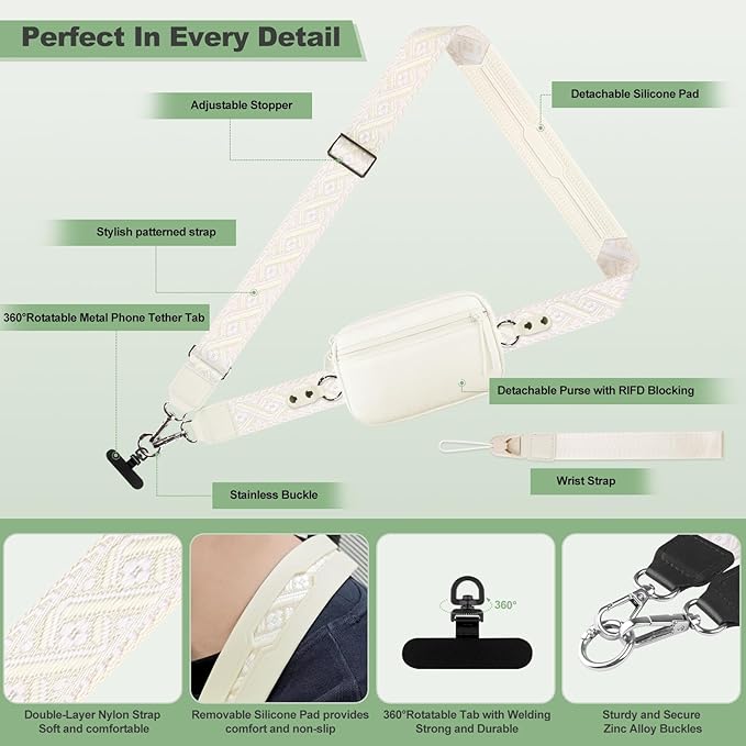 Clip and Go Strap for Phone with Wallet Crossbody, Adjustable Phone Lanyard with Detachable RFID Wristlet Wallet, Pattern Strap, Cream (M)