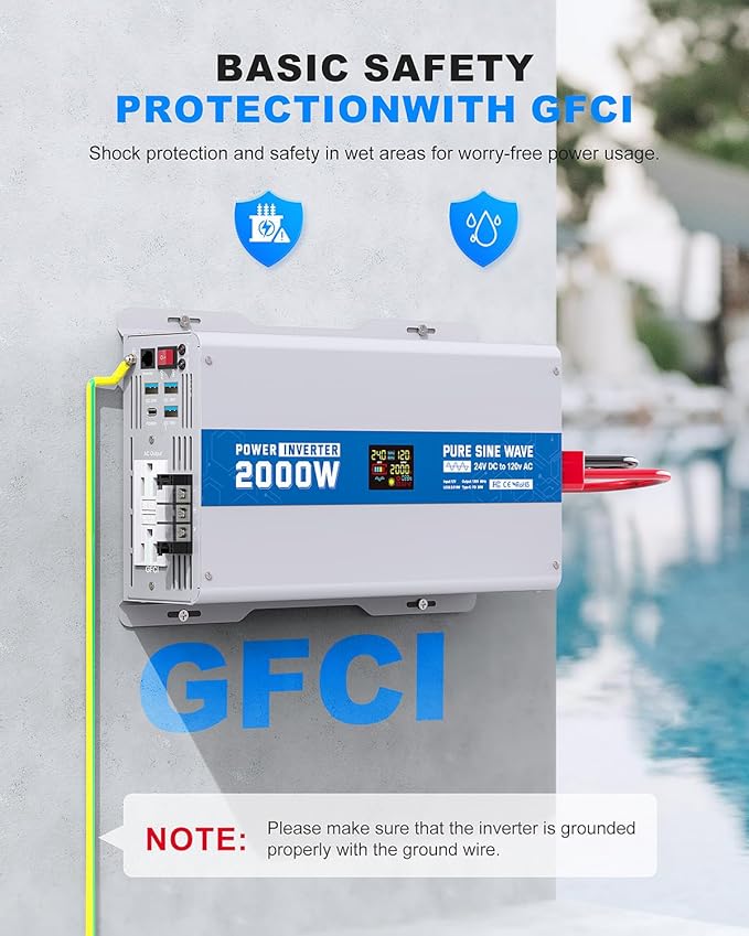2000W Pure Sine Wave Power Inverter 24V DC to 120V AC Converter 4000 Watt Peak Power Multi-Display Screen with 2 GFCI Outlet 30W USB and 18W Type-C for Car RV Truck Boat Off-Grid, Gray Blue