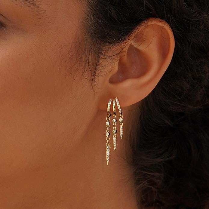 Dangle Earrings For Women,Dainty 14K Gold Plated Hypoallergenic Small Triple Huggie Hoop Earring Gothic Cute Cross Moon Star Drop Earrings For Women Trendy Gold Statement Stud Earring Jewelry