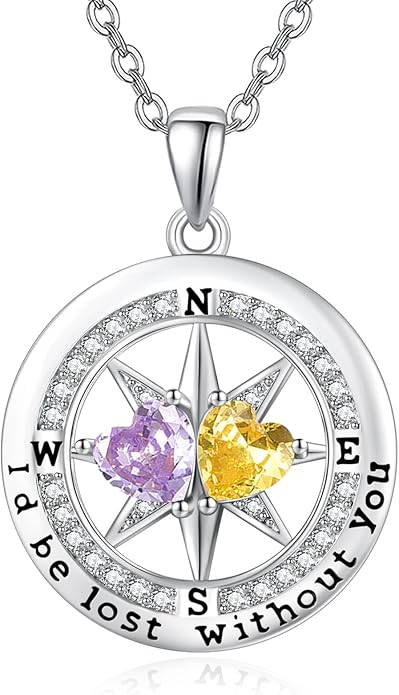 Compass Necklace for Women, Exquisite S925 Valentines Day Anniversary Birthday Gifts for Wife Her Double Birthstone Pendant Jewelry ‘I'd be Lost Without You’
