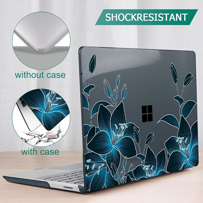 Tuiklol Case for 15 Inch Microsoft Surface Laptop 5/4/3 2022-2020, Model 1979/1953/1872/1873 Hard Shell Cover, Keyboard Cover+Screen Protector+Dust Plugs,Black Lilies Flowers