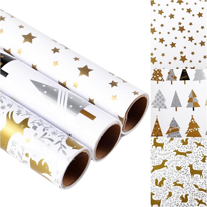 Miss DuiDui Christmas Gift Wrapping Paper, 3 Rolls, 17 inch x 9.8 feet, Gold Stars Animals Trees Xmas Design for Christmas, Party, Holiday, Kids Boys Girls, Baby Shower