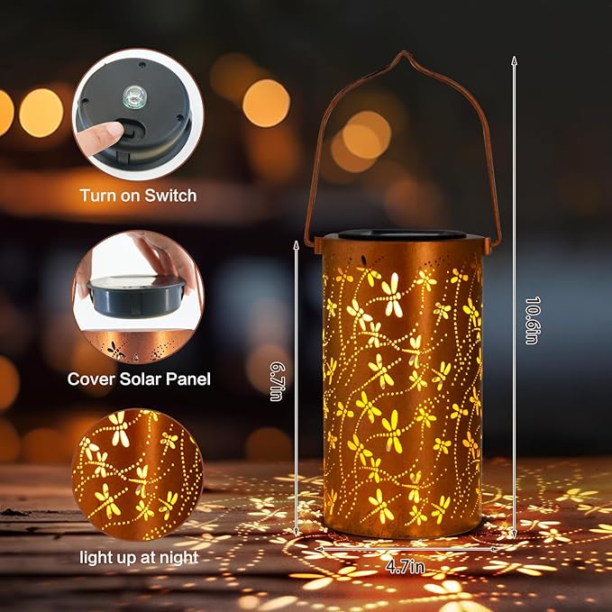 Christmas Gifts,Solar Lanterns Outdoor Hanging Lantern Lights, Dragonfly Hollowed-Out Metal Decor Lantern, Waterproof LED Decorative Garden Light - Delicate Garden Decoration for Patio, Yard
