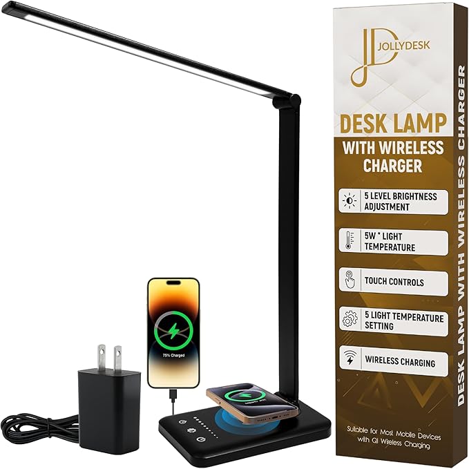 LED Desk Lamp with Wireless Charger – Touch Control Dorm Desk Lamp with USB Charging Station, 3 Color Modes & 5 Brightness Levels, Ideal for Home, Office, Bedroom, Study Area, & College Dorm, Black