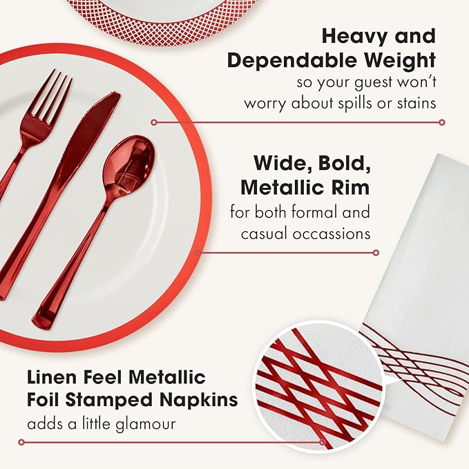 By Madee HEAVYWEIGHT 175 Pc Christmas Plates and Napkins Disposable | White with Red Trim Plastic Plates, Silverware & Napkins | Fancy Disposable Dinnerware Set for Weddings & Party (25 Guests)
