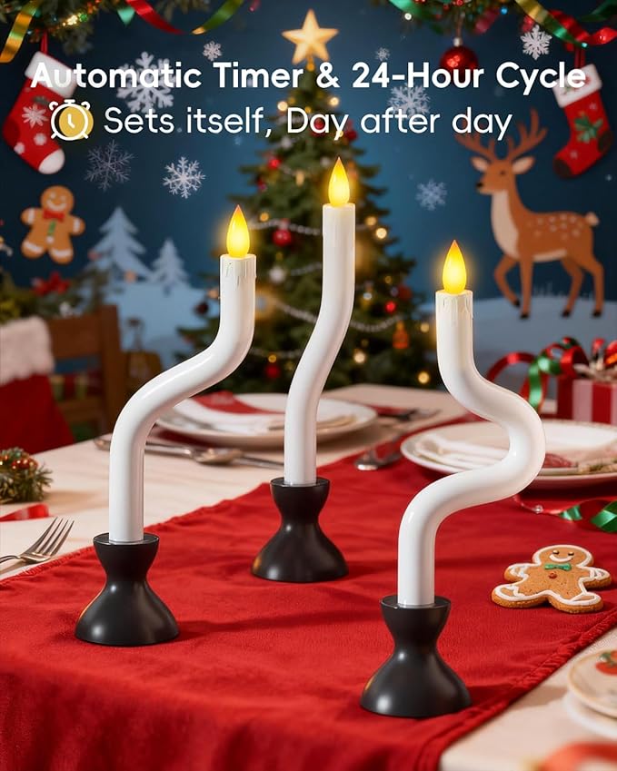 COOLWUFAN Christmas Window Candles, 6 Pcs Flameless Taper Candles with Remote Timer, Battery Operated Dripless LED Flickering 3D Flame, Holiday Decor for Home, Party (White Base)