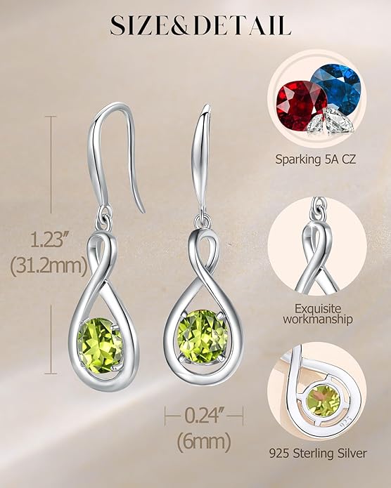 FANCIME Valentines Day Gift Dangle Drop Earrings 925 Sterling Silver Dainty Infinity Round Gemstone Birthstone Jewelry Birthday Gifts for Her Women