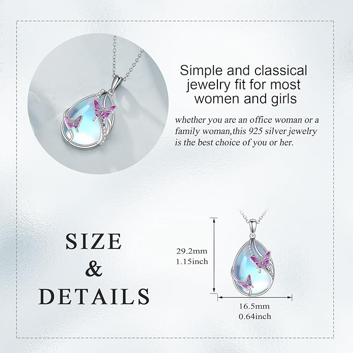 KQF Dragonfly/Butterlfy/Cat/Jellyfish/Bunny/Axolotl/Bee/Mermaid/Hummingbird/Elephant Necklace for Women Sterling Silver Moonstone Pendant Necklace Dragonfly Jewelry Gifts for Women